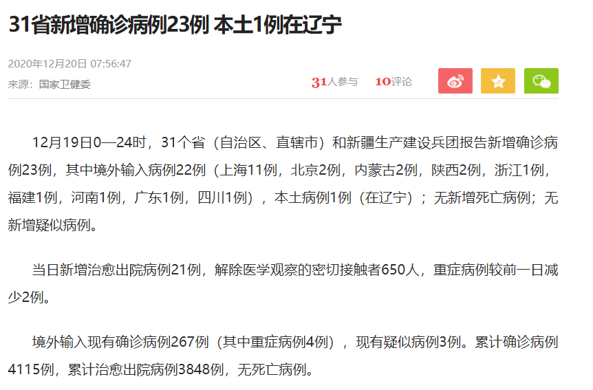 31省份新增23例死亡病例及22例无症状(新增死亡15例)