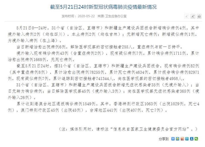 2地新增确诊4例均为境外输入/31省份新增确诊2例为境外输入