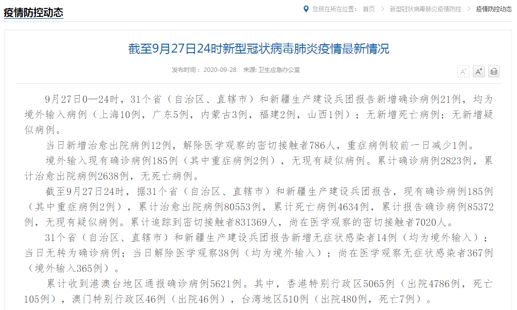31省市新增确诊21例均为境外输入/31省份新增确诊12例均为境外输入
